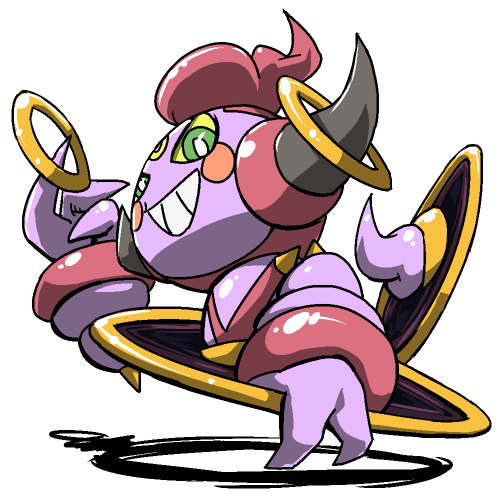 green_eyes grin hoopa horns jewelry nintendo no_humans pokemon pokemon_(game) ring simple_background smile white_background yellow_sclera