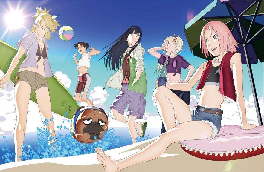 5girls ball barefoot beach beachball black_hair blonde_hair blue_sky denim denim_shorts double_bun haruno_sakura hime_cut hood hoodie hyuuga_hinata jumping lens_flare midriff multiple_girls naruto naruto_shippuuden navel official_art pakkun pink_hair ponytail quad_tails sand sandals short_hair shorts sky surfboard swimsuit temari tenten umbrella water yamanaka_ino