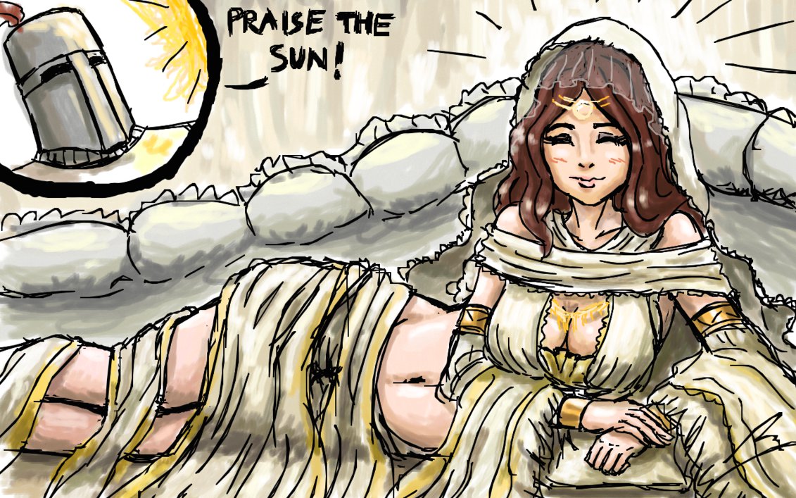 1girl armor borockman breasts brown_hair cleavage dark_souls female knight large_breasts long_hair lying midriff navel on_side queen_of_sunlight_gwynevere smile solaire_of_astora solo souls_(from_software) tiara veil