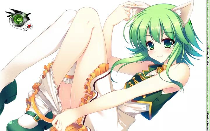 1girl cat_ears green_eyes green_hair gumi looking_at_viewer matching_hair/eyes raiou simple_background sleeveless smile solo thigh-highs vocaloid
