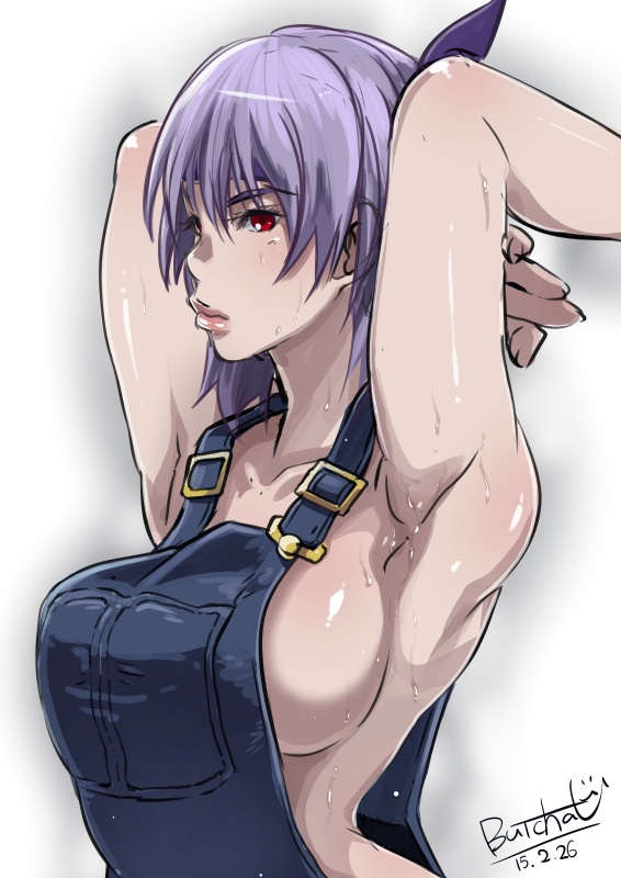 1girl alternate_costume armpits arms_behind_head arms_up ayane ayane_(doa) bangs breasts buckle butcha-u dated dead_or_alive denim female headband hips holding_arm large_breasts lips looking_at_viewer naked_overalls no_bra overalls purple_hair red_eyes shadow shiny shiny_skin short_hair showing_armpits sideboob signature simple_background solo sweat thick_lips toned upper_body white_background