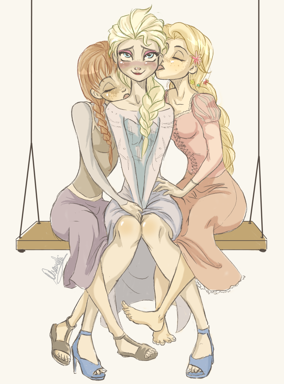 3girls anna_(frozen) asameshii barefoot blonde_hair disney ear_licking elsa_(frozen) footsie freckles frozen_(disney) incest kiss licking multiple_girls neck_kissing rapunzel rapunzel_(disney) redhead sandals tangled yuri