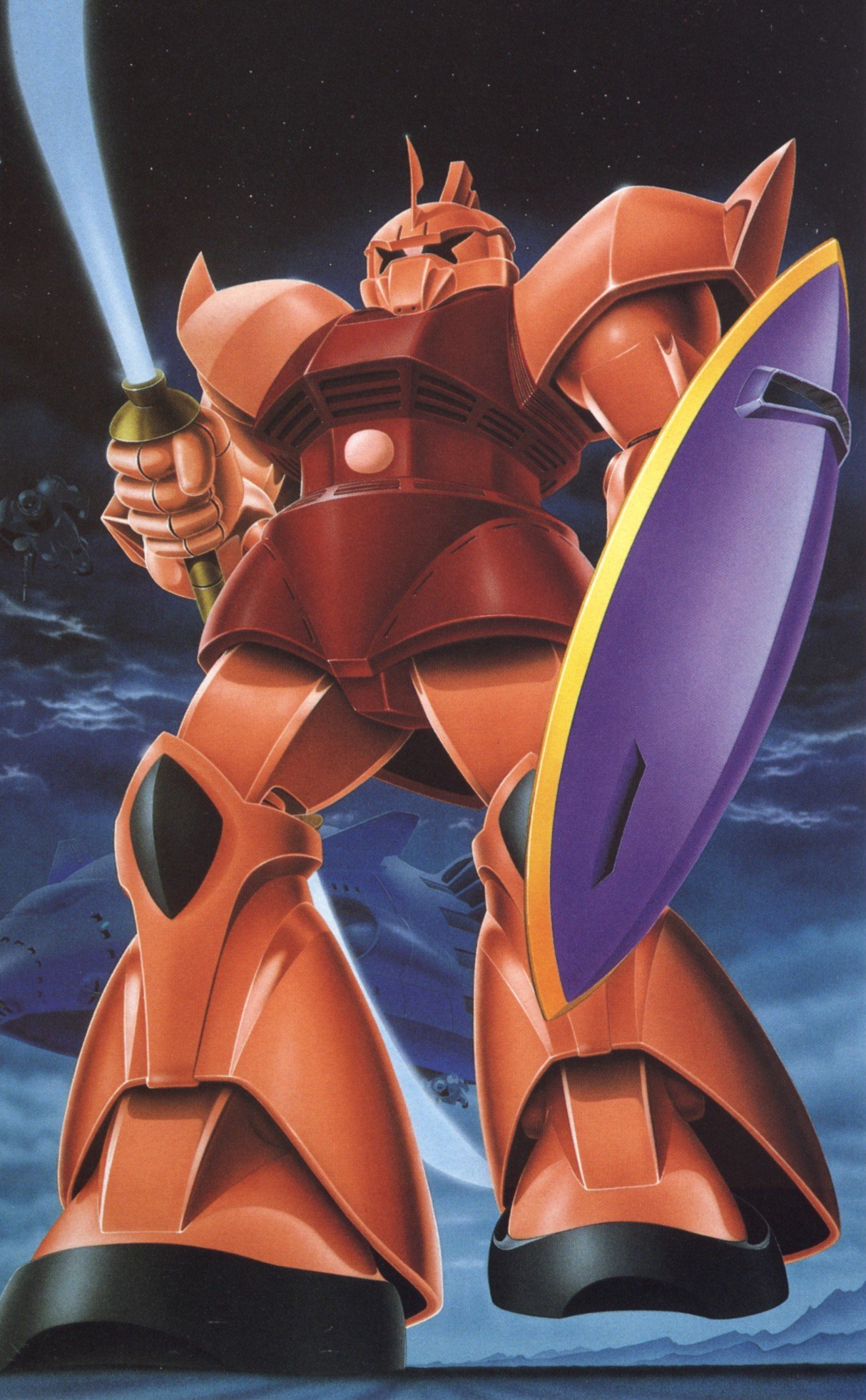 gelgoog gelgoog_s_char_custom gun gundam mecha mobile_suit_gundam official_art scan shield weapon zaku zaku_ii zanzibar