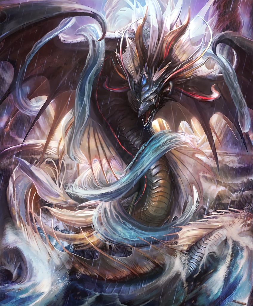 artist_request clouds cloudy_sky cygames dragon dragon_horns dragon_wings fins genesis_dragon horns no_humans ocean official_art rain scales shadowverse shingeki_no_bahamut sky spines storm water waves wings