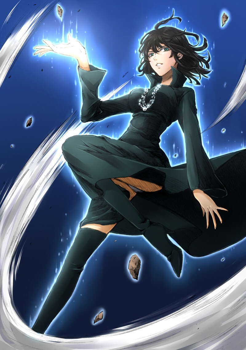 1girl black_hair boots dress female floating fubuki_(one-punch_man) jewelry long_sleeves looking_at_viewer md5_mismatch necklace one-punch_man psychic solo