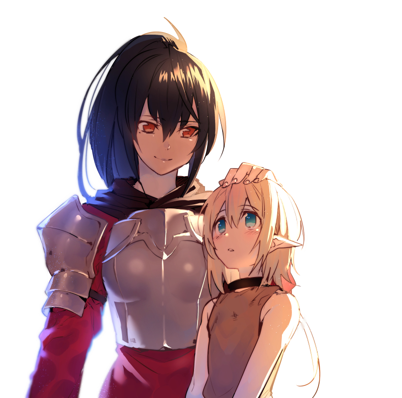 1boy 1girl armor blonde_hair blue_eyes brown_eyes brown_hair child collar elf erubo hand_on_head iris_(erubo) long_hair pointy_ears slave trap