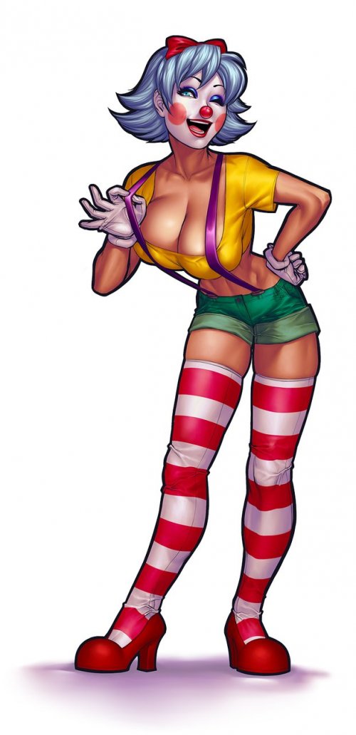 1girl breasts cleavage clown female giggles_(aeolus06) gloves high_heels makeup midriff open_mouth pirate_cashoo resized short_hair short_shorts shorts smile solo striped_legwear suspenders thigh-highs wink