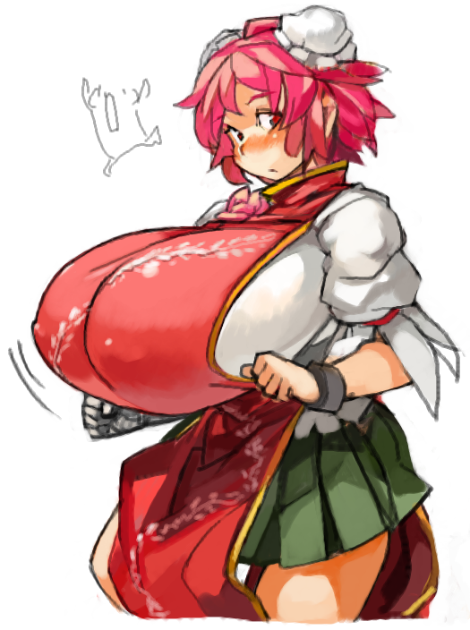 1girl alternate_breast_size bandage bandaged_arm blush bouncing_breasts breasts bun_cover cuffs erect_nipples flower gigantic_breasts green_skirt ibaraki_kasen pink_eyes pink_hair pleated_skirt puffy_short_sleeves puffy_sleeves rose sachito shackles short_hair short_sleeves simple_background skirt solo tabard touhou white_background