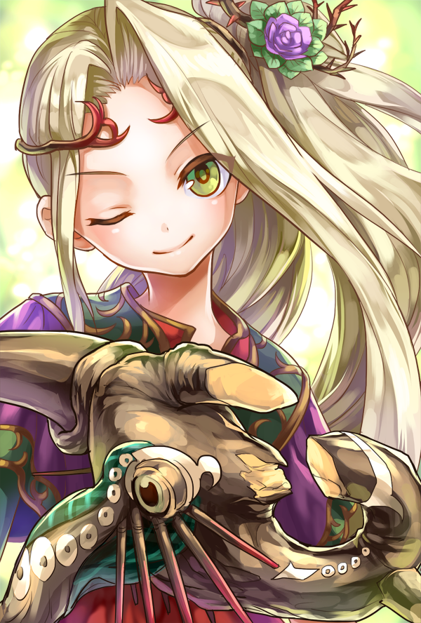 1girl bonnou-s-rice female flower goddess green_eyes hair_ornament kid_icarus kid_icarus_uprising long_hair nachure nintendo smile solo staff wink