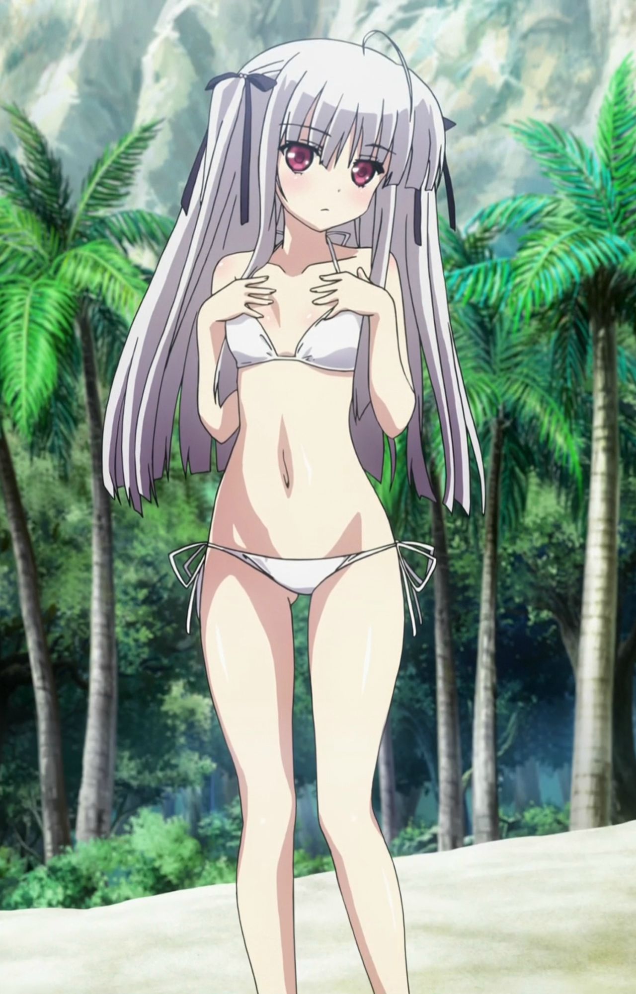 1girl 8-bit_(company) absolute_duo beach bikini flat_chest hair_ornament hair_ribbon long_hair looking_at_viewer midriff navel outdoors palm_tree red_eyes ribbon sand screencap side-tie_bikini silver_hair small_breasts stitched swimsuit thighs tree two_side_up yurie_sigtuna
