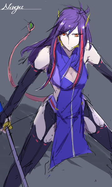 1girl black_legwear breasts character_name cleavage cross_ange dragon_tail elbow_gloves from_above gloves kano_penguin long_hair monster_girl naaga_(cross_ange) orange_eyes purple_hair sketch solo standing tail thigh-highs weapon