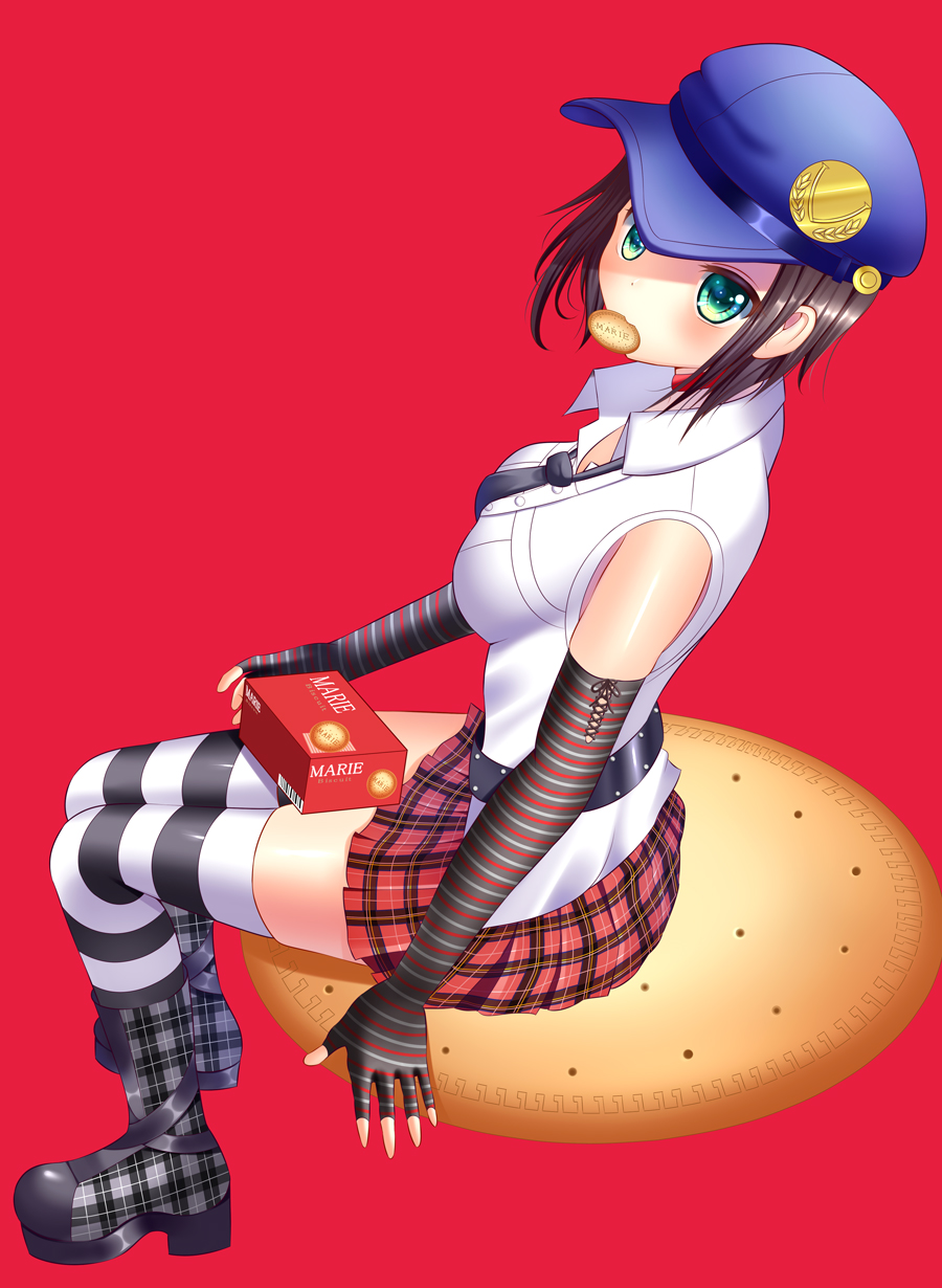 1girl black_hair boots cookie eating elbow_gloves emblem fingerless_gloves food gloves green_eyes looking_at_viewer marie_(persona_4) nabekokoa persona persona_4 persona_4_the_golden plaid plaid_skirt red_background short_hair simple_background sitting skirt sleeveless striped_legwear thigh-highs