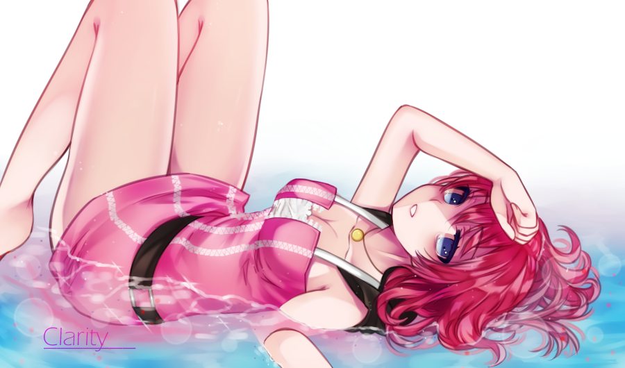 1girl arm_up bare_shoulders barefoot blue_eyes breasts cleavage jewelry kairi_(kingdom_hearts) kingdom_hearts knees_up liechi lying necklace on_back partially_submerged pink_hair water