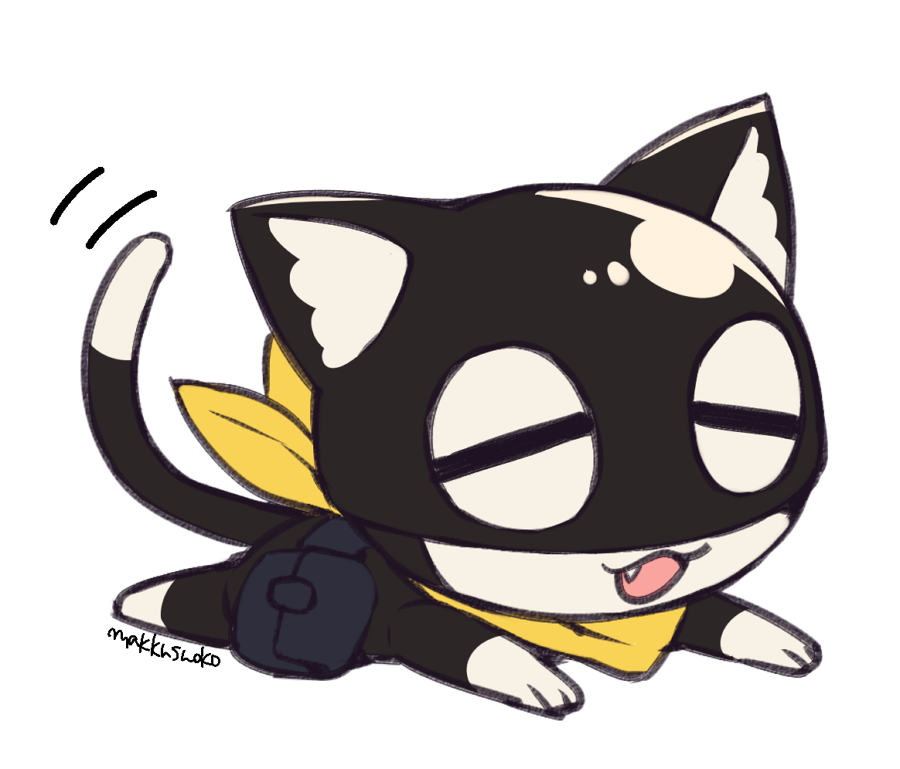 1other adorable animal atlus bag cat closed_eyes do_m_kaeru full_body lying megami_tensei morgana_(persona_5) neckerchief no_humans on_stomach open_mouth persona persona_5 signature simple_background smile solo tail_wagging white_background yellow_neckwear