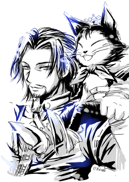 1boy cait_sith cat facial_hair final_fantasy final_fantasy_vii krst00 long_hair looking_at_viewer reeve_tuesti shoulder_perch signature sitting smile