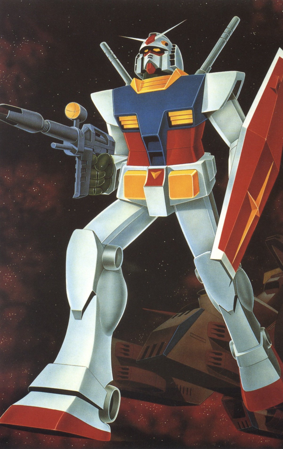 gun gundam mecha mobile_suit_gundam official_art rx-78-2 scan shield space space_craft weapon white_base