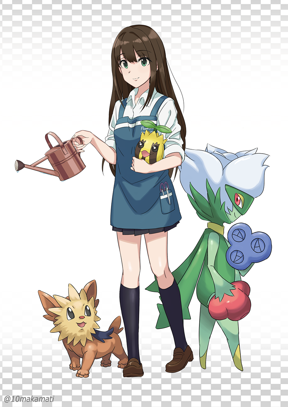 1girl apron black_hair black_legwear black_skirt brown_shoes closed_mouth commentary_request crossover full_body green_eyes highres holding idolmaster idolmaster_cinderella_girls lillipup long_hair looking_at_viewer makamati miniskirt pokemon pokemon_(creature) roselia shibuya_rin shoes skirt sleeves_rolled_up smile solo standing sunkern twitter_username