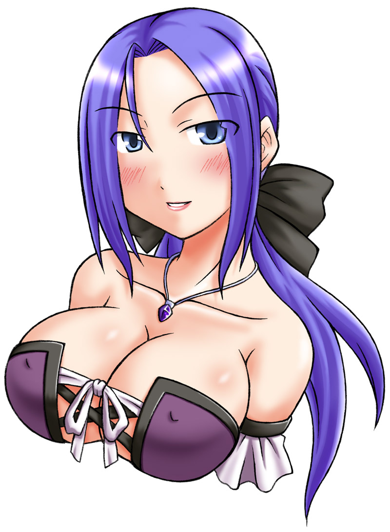 1girl bare_shoulders blue_eyes blue_hair blush breasts cleavage erect_nipples female hair_ribbon large_breasts long_hair looking_at_viewer matching_hair/eyes parted_lips ribbon ruida smile solo upper_body