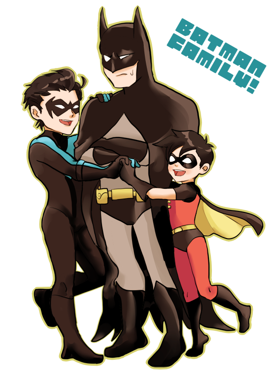 3boys batman batman_(series) black_hair bodysuit boots brothers bruce_wayne cape crossed_arms dc_comics dcau dick_grayson domino_mask family father_and_son hug male_focus mask multiple_boys nightwing robin_(dc) siblings tim_drake