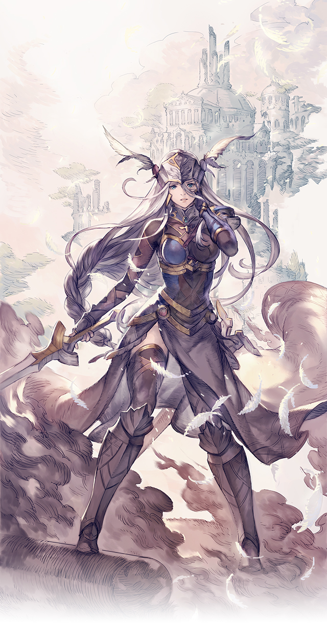 1girl arm_guards armor artist_request black_legwear blue_eyes boots braid breastplate feathers full_body helmet highres holding holding_sword holding_weapon lenneth_valkyrie long_hair looking_at_viewer official_art outdoors shoulder_pads single_braid skirt solo sword thigh-highs valkyrie_profile valkyrie_profile_anatomia very_long_hair weapon white_feathers