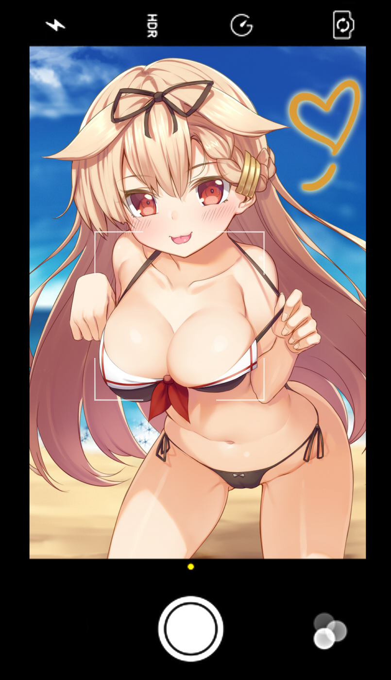 1girl bangs bare_shoulders beach bikini black_bikini black_ribbon black_skirt blonde_hair blue_sky blush braid breasts cellphone cellphone_camera cleavage clouds collarbone day front-tie_top hair_flaps hair_ornament hair_ribbon hairclip highres kantai_collection kneeling large_breasts leaning_forward long_hair looking_at_viewer messy_hair naughty_face navel ocean outdoors phone pleated_skirt red_eyes ribbon rokuroku_(xd_p) side-tie_bikini single_braid skirt sky smile solo strap_pull swimsuit tongue tongue_out water yuudachi_(kantai_collection)