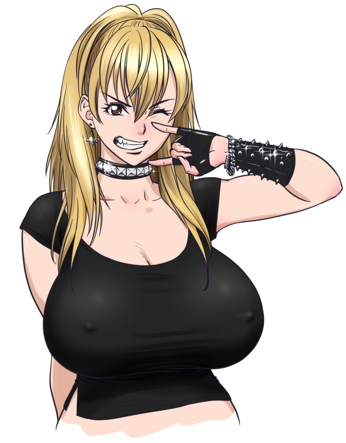 1girl blonde_hair breasts choker earrings erect_nipples huge_breasts jewelry original punk shirt simple_background tatsunami_youtoku taut_clothes taut_shirt tight white_background wink