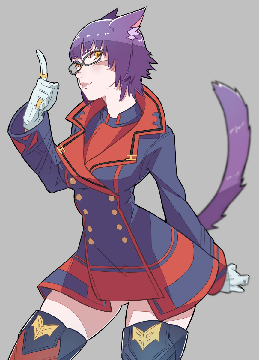 1girl animal_ears blurry boots cat_ears cat_tail depth_of_field facial_mark final_fantasy final_fantasy_xiv glasses gloves highres imdsound jewelry miqo'te purple_hair ring short_hair simple_background slit_pupils solo tail thigh-highs thigh_boots yellow_eyes
