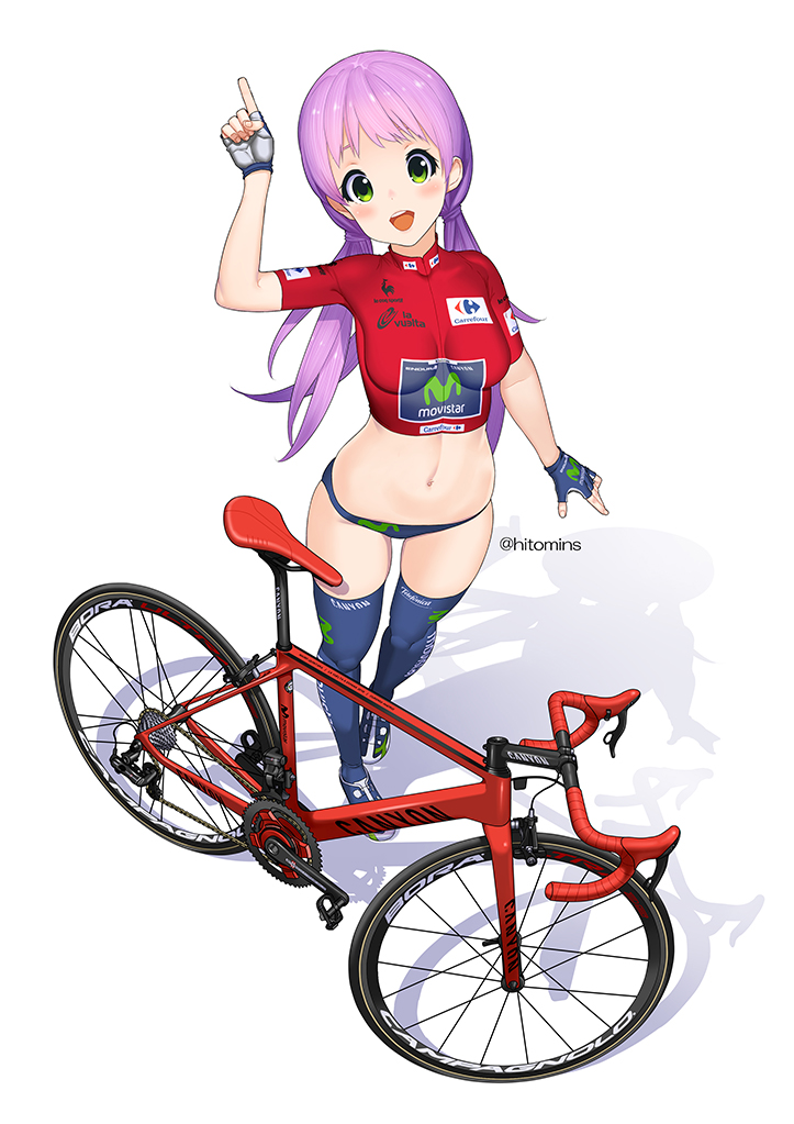 1girl bangs bicycle bike_jersey blue_legwear blush clothes_writing commentary crop_top fingerless_gloves from_above gloves green_eyes ground_vehicle hitomi_kazuya long_hair looking_at_viewer looking_up low_twintails midriff navel open_mouth original purple_hair shoes simple_background smile sneakers solo thigh-highs twintails