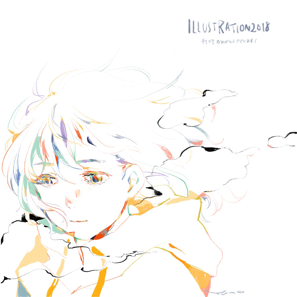 1girl 2018 bangs clouds drawstring hood hood_down illustration.media limited_palette medium_hair multicolored multicolored_eyes original simple_background solo wakame_(pixiv128625) white_background white_hair