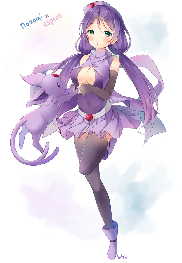 1girl bare_shoulders blush boots bow breasts choker cleavage dress earrings espeon female full_body green_eyes headdress hitsukuya jewelry long_hair looking_at_viewer love_live!_school_idol_project md5_mismatch off_shoulder pokemon purple_dress purple_hair smile solo standing thigh-highs toujou_nozomi twintails