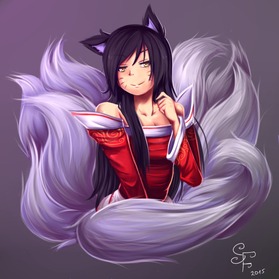 1girl ahri animal_ears artist_request black_hair breasts detached_sleeves fangs female fox_ears fox_tail korean_clothes large_breasts league_of_legends long_hair multiple_tails off_shoulder solo tail v_arms whisker_markings wide_sleeves
