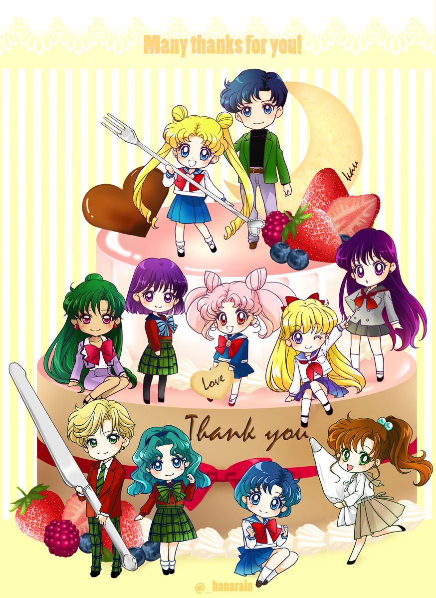 1boy 6+girls aino_minako aqua_hair arm_up artist_name bishoujo_senshi_sailor_moon blonde_hair blue_eyes blue_hair blueberry brown_hair cake chiba_mamoru chibi chibi_usa chocolate double_bun food fork fruit green_eyes green_hair hair_bobbles hair_bun hair_ornament hair_ribbon heart hino_rei icing jacket kaiou_michiru kino_makoto knife leg_up legs_together long_hair meiou_setsuna mizuno_ami multiple_girls necktie one_eye_closed open_mouth pants pantyhose pastry_bag pink_eyes pink_hair plaid plaid_pants plaid_skirt pleated_skirt ponytail purple_hair raspberry reverse_trap ribbon sarashina_kau school_uniform serafuku short_hair sitting skirt smile strawberry striped striped_background ten'ou_haruka tomoe_hotaru tsukino_usagi twintails twitter_username v violet_eyes yokozuwari