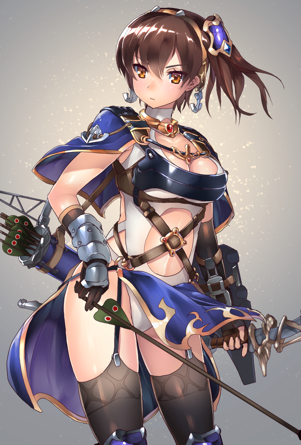1girl adapted_costume anchor armor armored_boots arrow bangs belt between_fingers black_gloves black_legwear blue_boots boots bow_(weapon) breastplate breasts brown_eyes brown_hair capelet cleavage closed_mouth cowboy_shot eyelashes fantasy flight_deck garter_straps gem gloves grey_background hair_between_eyes hair_ornament hairband highres holding holding_weapon jewelry kaga_(kantai_collection) kantai_collection legs_apart leotard light_particles looking_at_viewer magu_(mugsfc) medium_breasts muneate navel_cutout necklace o-ring overskirt quiver shield shiny shiny_skin side_ponytail skindentation solo standing stomach thigh-highs turtleneck vambraces weapon