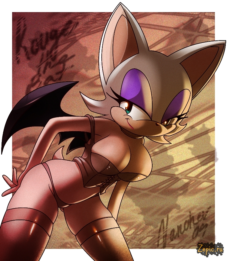 1girl 2009 artist_name ass bat_ears bat_wings breasts cleavage dated eyelashes eyeshadow green_eyes large_breasts lipstick rouge_the_bat sega smile solo sonic_the_hedgehog wings