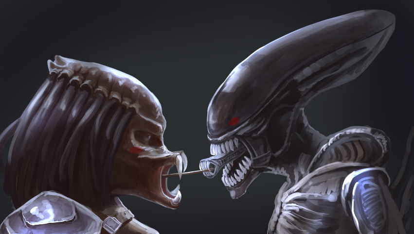 alien alien_(movie) aliens_vs_predator blush_stickers crossover fangs food hairlocs mask monster no_humans open_mouth oshou_(o_shou) pocky pocky_kiss predator predator_(movie) predator_(series) profile science_fiction shared_food xenomorph