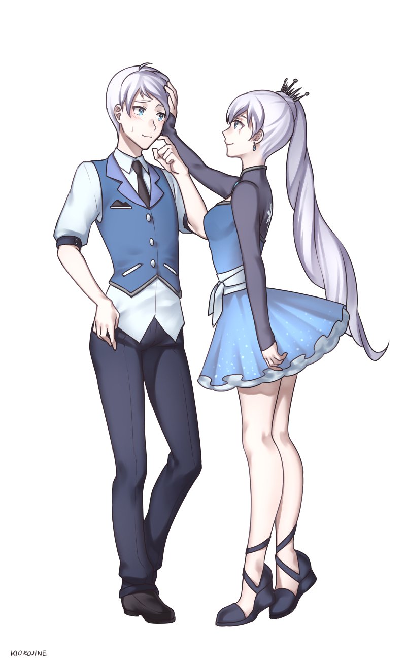 1boy 1girl blue_eyes blush brother_and_sister dress highres kio_rojine long_hair petting rwby scar short_hair siblings side_ponytail smile weiss_schnee white_hair whitley_schnee
