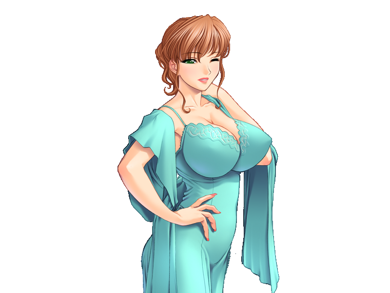 1girl breasts brown_hair cleavage collarbone dress fingernails game_cg green_eyes hand_on_hip hips huge_breasts lipstick long_fingernails looking_at_viewer makeup nail_polish ponytail sano_toshihide short_hair simple_background smile solo standing white_background wink