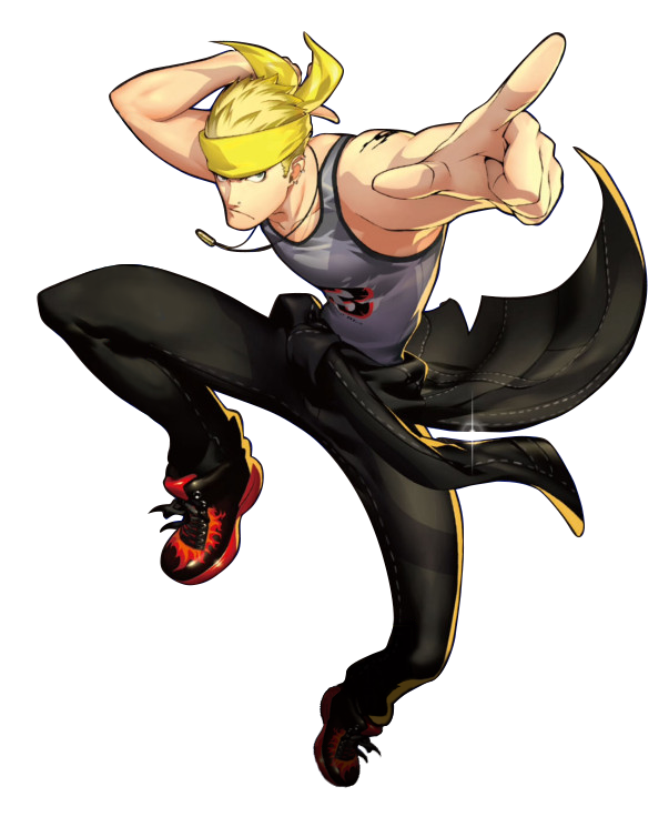 1boy headband male_focus official_art persona persona_4 persona_4:_dancing_all_night pointing sleeveless solo tank_top tatsumi_kanji tattoo