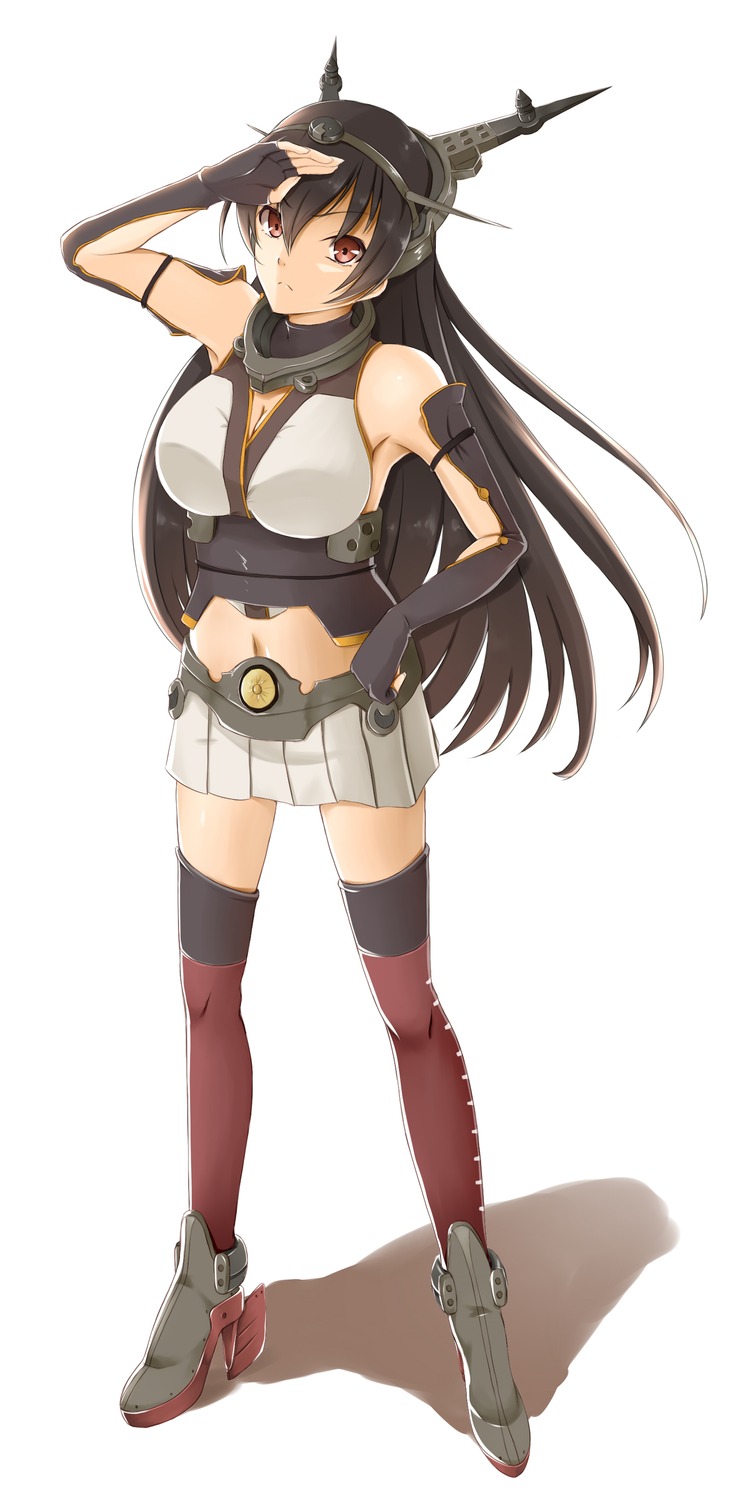 1girl bare_shoulders breasts brown_hair centon_(736023681) cleavage female full_body headgear kantai_collection large_breasts long_hair looking_at_viewer md5_mismatch nagato_(kantai_collection) navel red_eyes resized solo standing thigh-highs