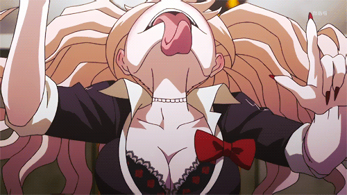 1girl animated animated_gif blue_eyes breasts cleavage crazy dangan_ronpa dangan_ronpa_1 enoshima_junko female hair_ornament large_breasts pointing solo tongue twintails