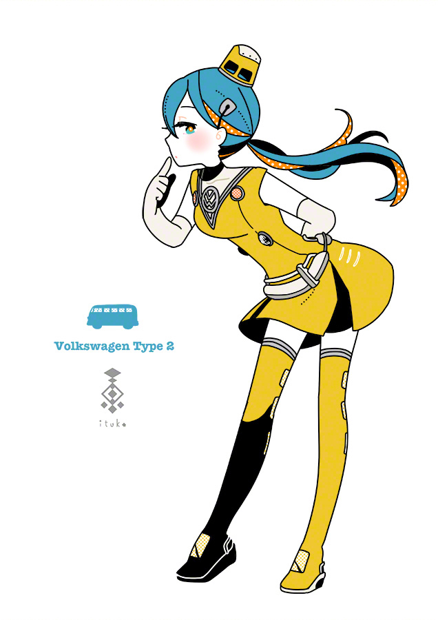1-tuka 1girl aqua_hair artist_name boots elbow_gloves english finger_to_mouth from_side full_body gloves hat looking_at_viewer multicolored_hair orange_hair original personification polka_dot simple_background solo standing thigh-highs thigh_boots two-tone_hair volkswagen white_background yellow_legwear