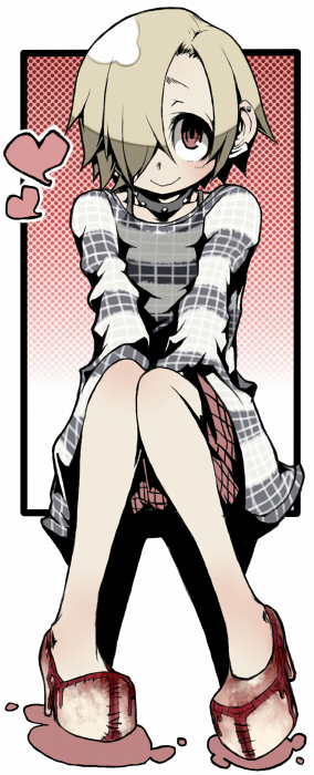 1girl ayame_(0419) blonde_hair blood bloody_clothes brown_eyes ear_piercing full_body hair_over_one_eye hands_in_sleeves heart high_heels idolmaster idolmaster_cinderella_girls knees_together_feet_apart long_sleeves looking_at_viewer piercing plaid plaid_skirt pleated_skirt see-through shirasaka_koume shirt sitting skirt smile solo striped striped_shirt studded_collar