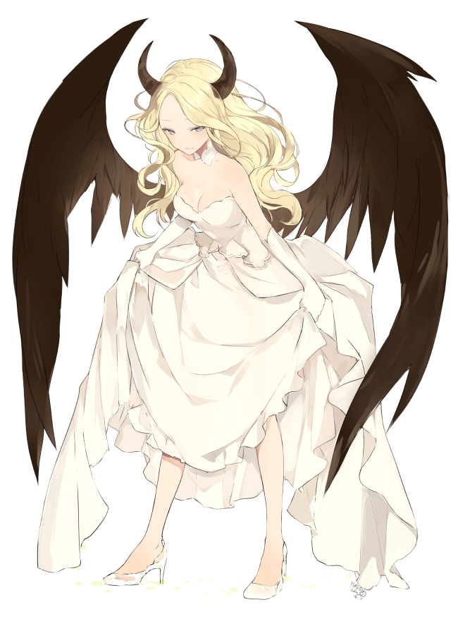 1girl angel_wings bare_shoulders black_wings blonde_hair blue_eyes blush breasts cleavage closed_mouth demon_horns detached_collar dress elbow_gloves feathered_wings full_body gloves high_heels horns leaning_forward long_hair lpip medium_breasts no_socks original shoes signature simple_background skirt_hold smile standing strapless strapless_dress tsurime wavy_hair white white_background white_dress white_gloves white_shoes wings