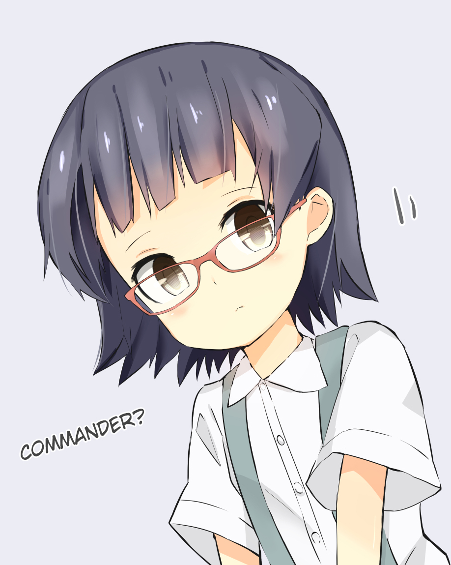 1girl :&lt; arare_(kantai_collection) bespectacled black_hair brown_eyes daiyamaimo dress_shirt glasses hard_translated kantai_collection no_hat red-framed_glasses shirt short_hair short_sleeves silver_background simple_background solo suspenders translated