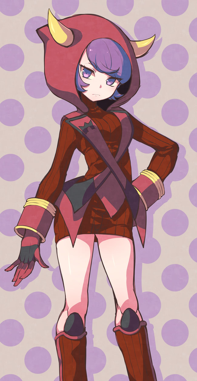 10s 1girl boots fake_horns flipped_hair gloves high_heel_boots high_heels hood hoodie horned_headwear kagari_(pokemon) kagari_(pokemon)_(remake) looking_at_viewer pokemon pokemon_(game) pokemon_oras purple_hair ribbed_sweater short_hair solo sweater team_magma uniform violet_eyes yamaki_suzume