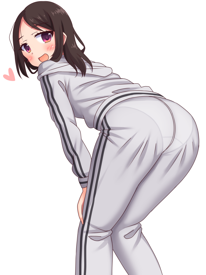 1girl ass bent_over black_hair blush from_behind heart leaning leaning_forward long_hair looking_at_viewer open_mouth original pantylines red_eyes sakaura_(layer255) smile solo track_suit