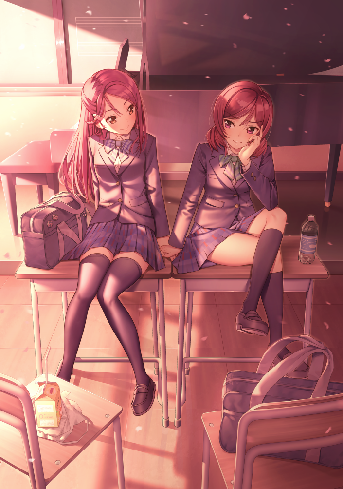 bag black_legwear black_shoes bottle brown_eyes brown_hair chair chalkboard desk eye_contact hand_on_own_cheek inside kneehighs legs_crossed long_hair looking_at_another mary_janes nagareboshi on_desk school_bag school_uniform shadow shoes sitting skirt smile thigh-highs water_bottle