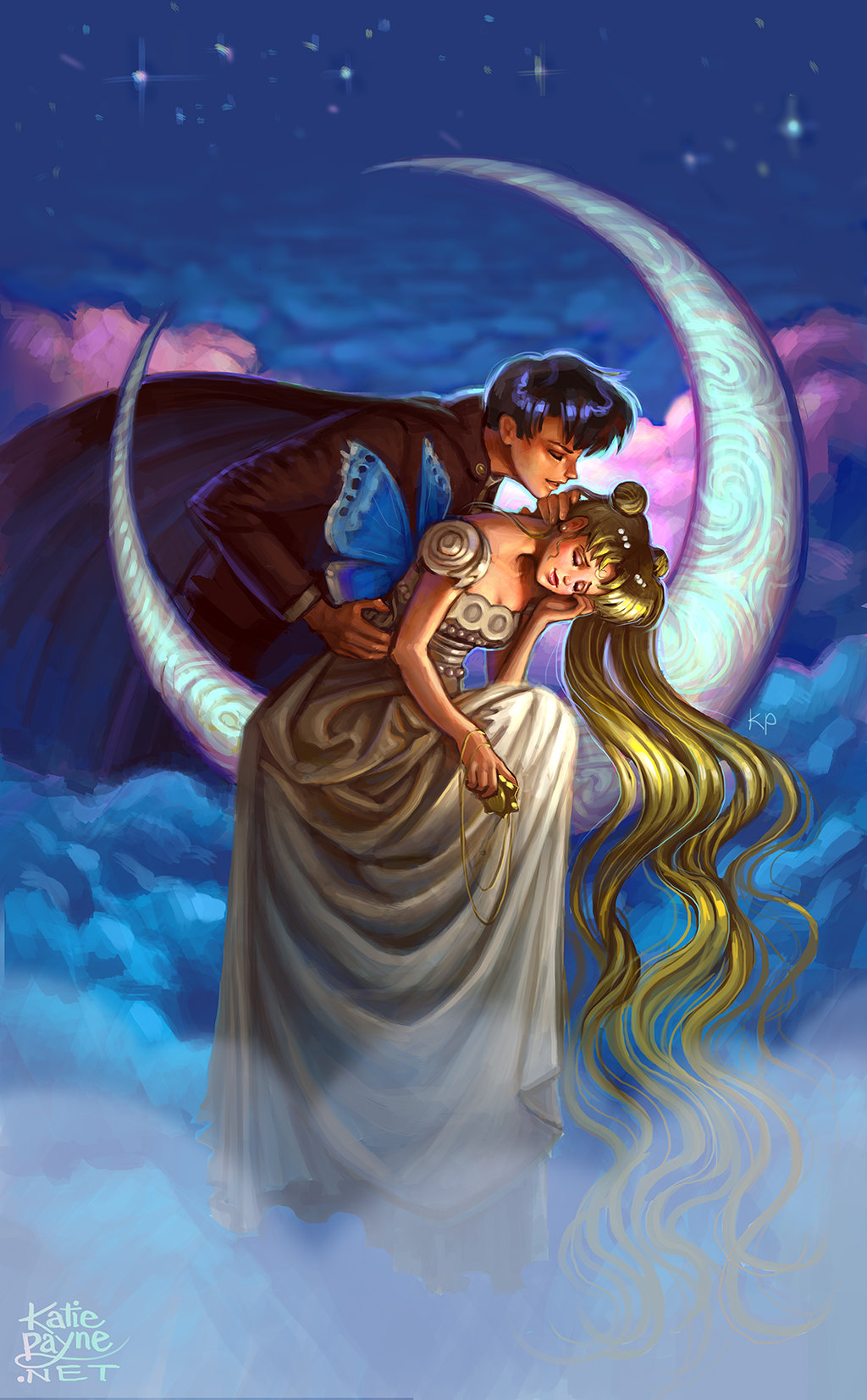 1boy 1girl artist_name bishoujo_senshi_sailor_moon black_hair chiba_mamoru closed_eyes clouds couple crescent_moon derivative_work dress endymion hair_bun hetero highres katie_payne long_hair moon princess_serenity profile short_hair touching tsukino_usagi twintails very_long_hair wavy_hair white_dress