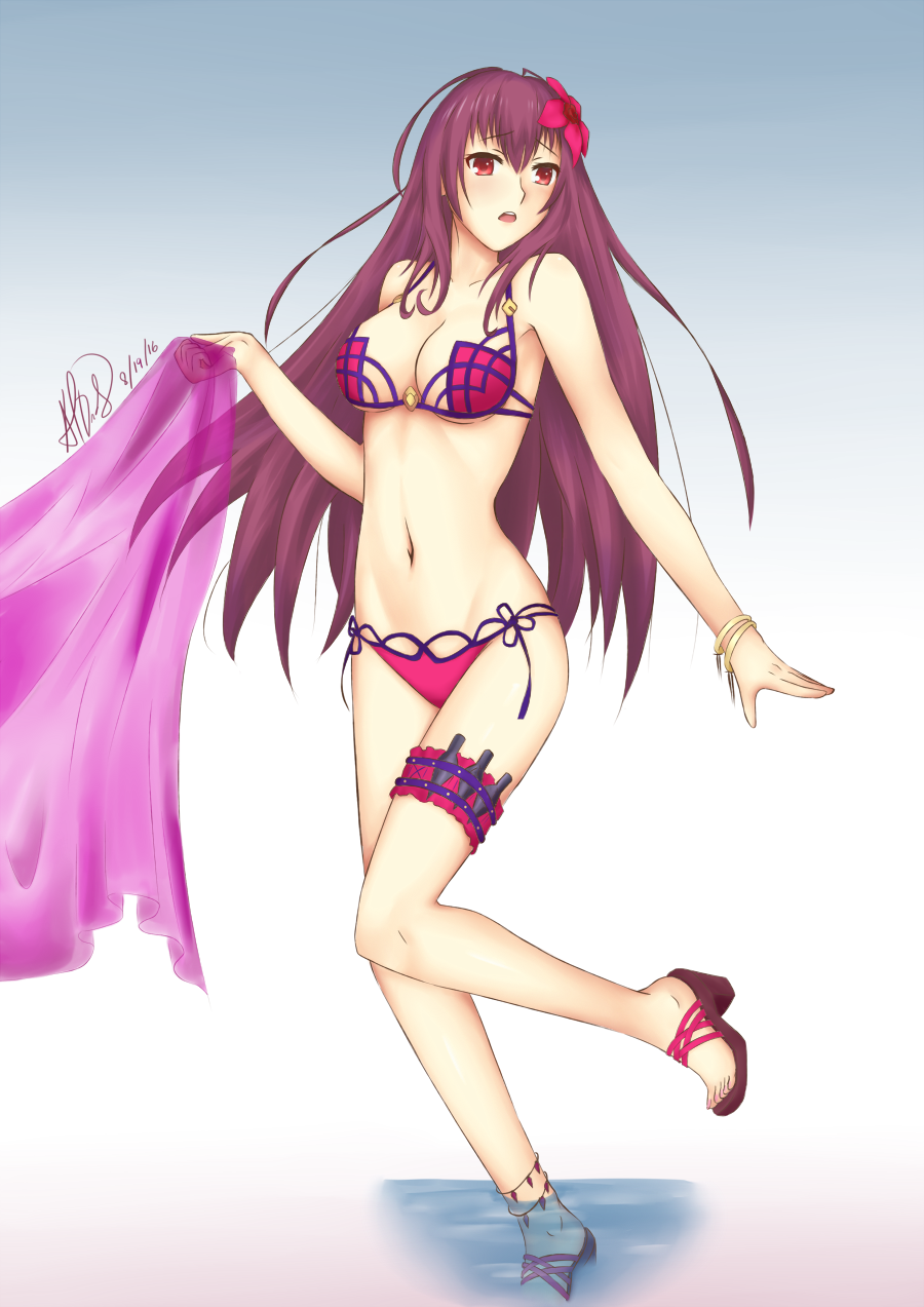 1girl :o arciealbano bikini bracelet breasts cleavage fate/grand_order fate_(series) flower hair_flower hair_ornament highres jewelry knife large_breasts leg_garter long_hair midriff navel one_leg_raised partially_submerged purple_bikini purple_hair red_eyes sandals sarong sarong_removed scathach_(fate/grand_order) scathach_(swimsuit_assassin)_(fate) side-tie_bikini signature solo swimsuit throwing_knife very_long_hair water