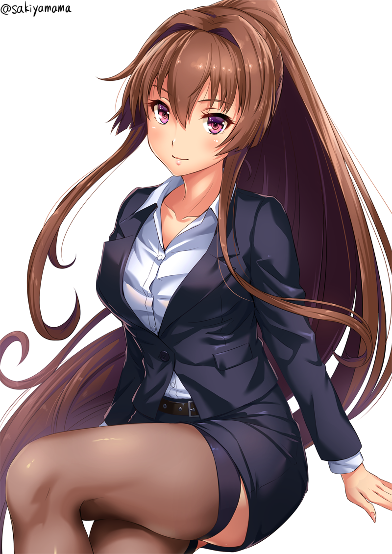 1girl alternate_costume belt blouse blue_jacket breasts brown_hair buttons collarbone collared_shirt commentary_request eyebrows eyebrows_visible_through_hair hair_between_eyes hair_intakes jacket kantai_collection long_hair long_sleeves looking_at_viewer medium_breasts office_lady pink_eyes ponytail sakiyamama shirt simple_background smile solo thigh-highs very_long_hair white_background white_blouse yamato_(kantai_collection)